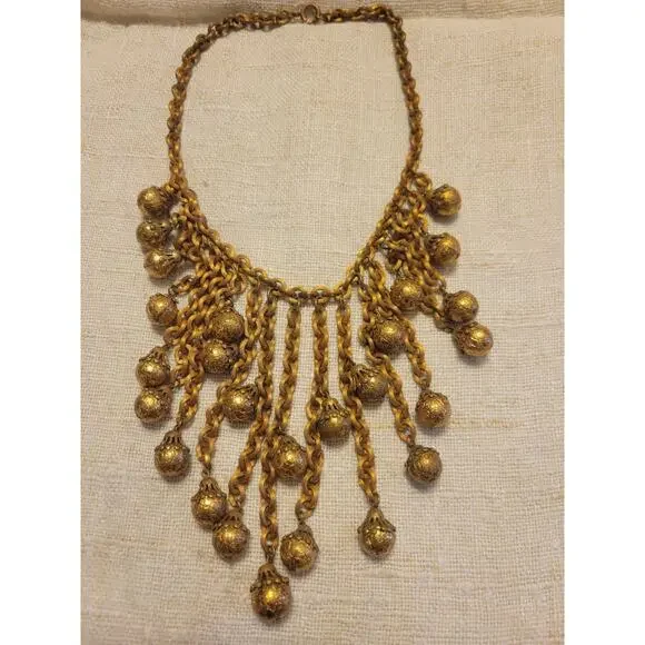 Unsigned Miriam Haskell Heavy Gold Chain Filigree Ball Dangle Tassel Jewelry